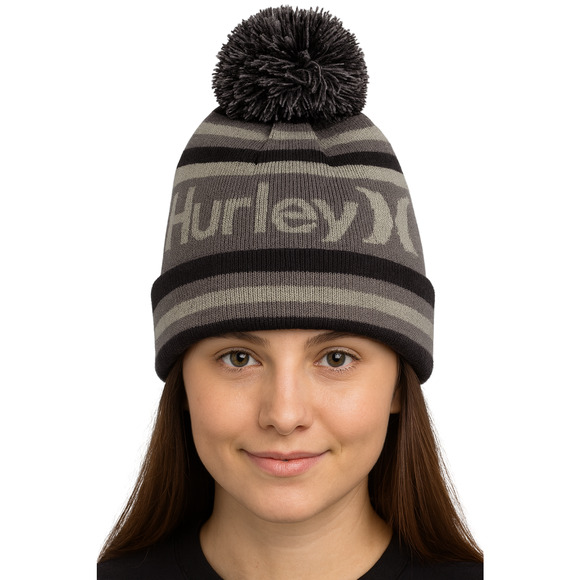 Hurley Ragland Black Gray Pom Beanie Knit Winter Hat Cuffed Acrylic One Size New - Picture 3 of 14